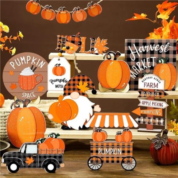 16 Pcs Fall Tiered Tray‎ Decor Set Thanksgiving Pumpkin Wooden Sign Gnomes Truck - Picture 5 of 6